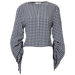TIBI Gingham Black & White Check Ruched Tie Sleeve Boatneck Blouse Top
